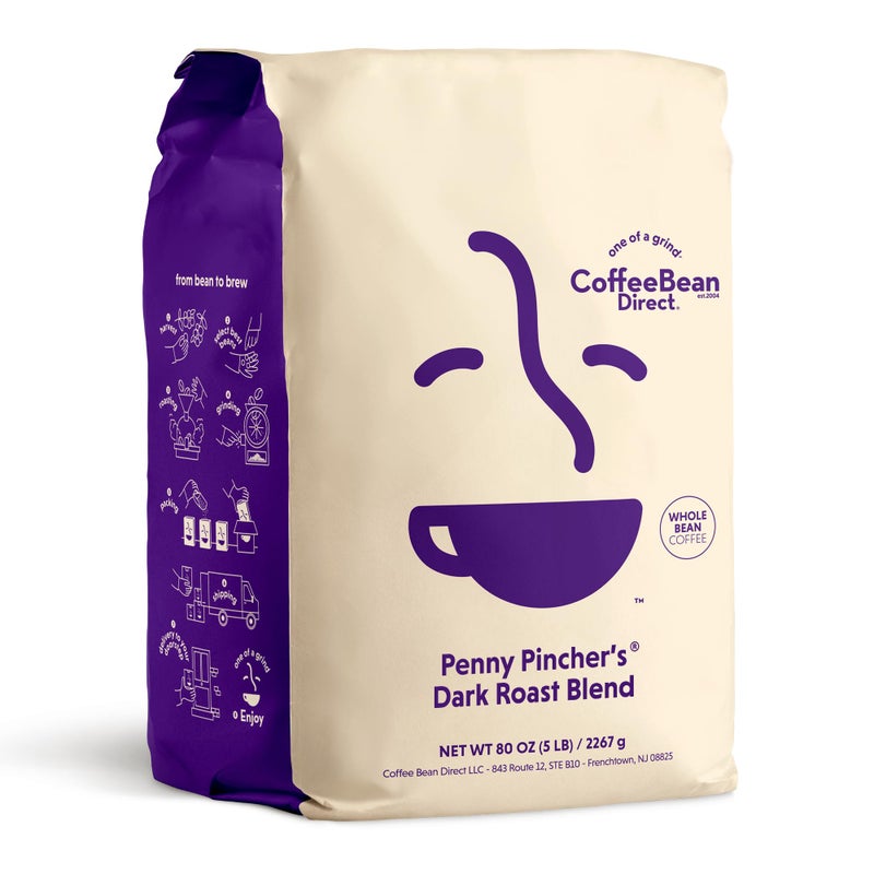 Coffee Bean Direct Penny Pincher's® Dark Roast Blend, Whole Bean Coffee, Dark Roast, 5 Pound Bag (Pack of 1) - Image 1